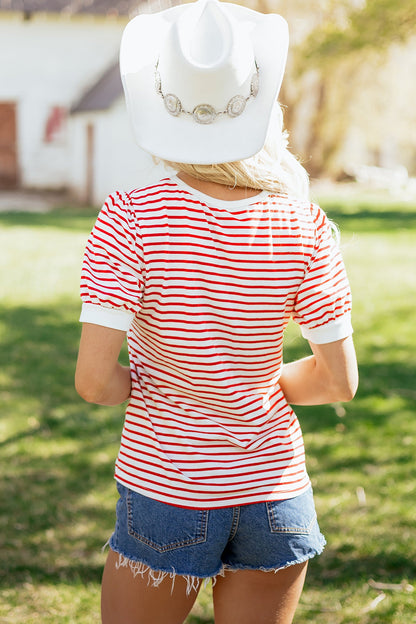 Stripe Contrast Trim Round Neck Puff Sleeve T-Shirt