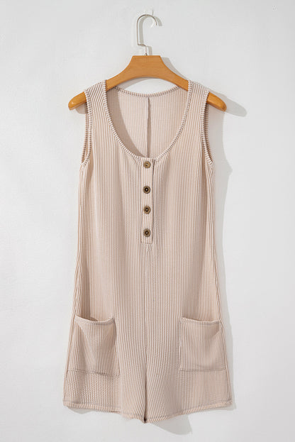 Corded Knit Side Pockets Buttoned Sleeveless Romper