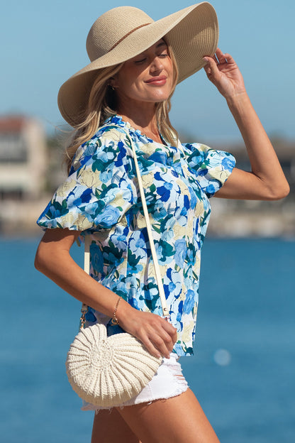 Floral Puff Sleeve V-Neck Short Blouse