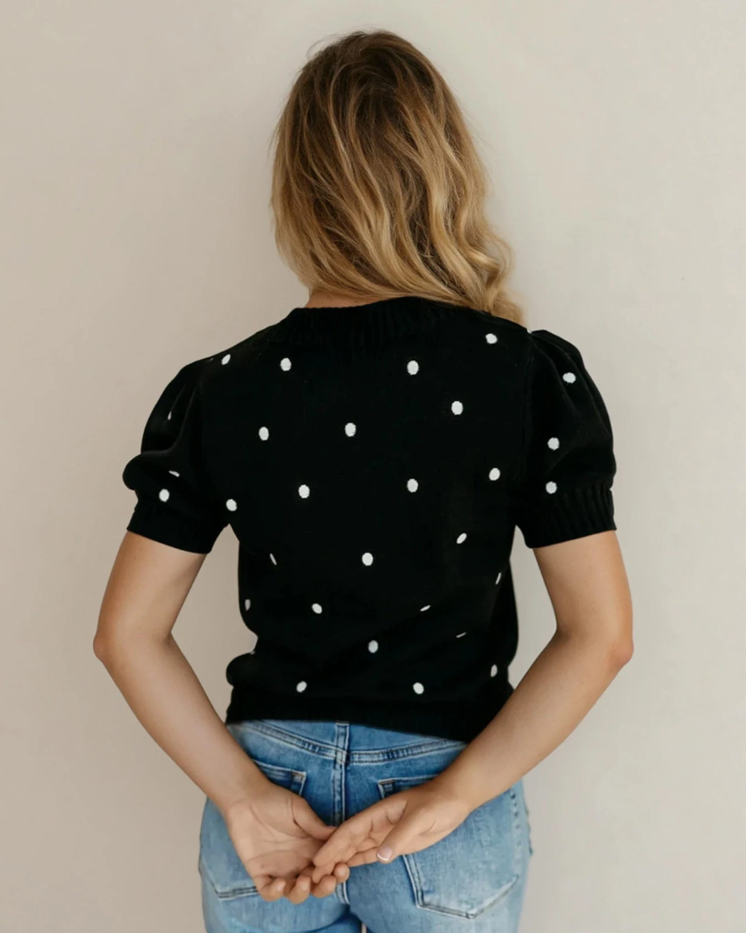 River Polka Dot Bubble Short Sleeve Sweater - Black
