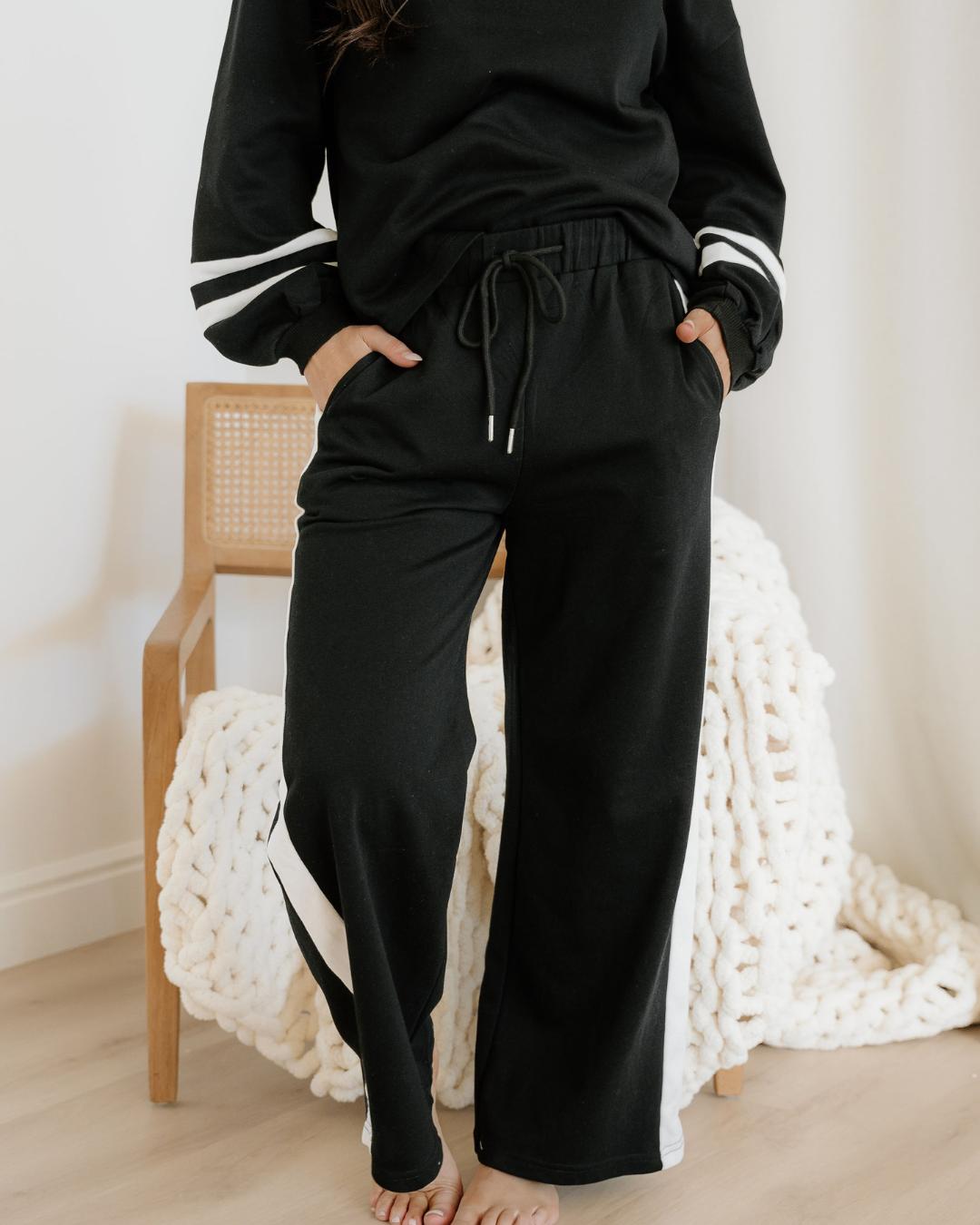 Jordyn Varsity Stripe  Drawstring Wide Leg Pant Set - Black