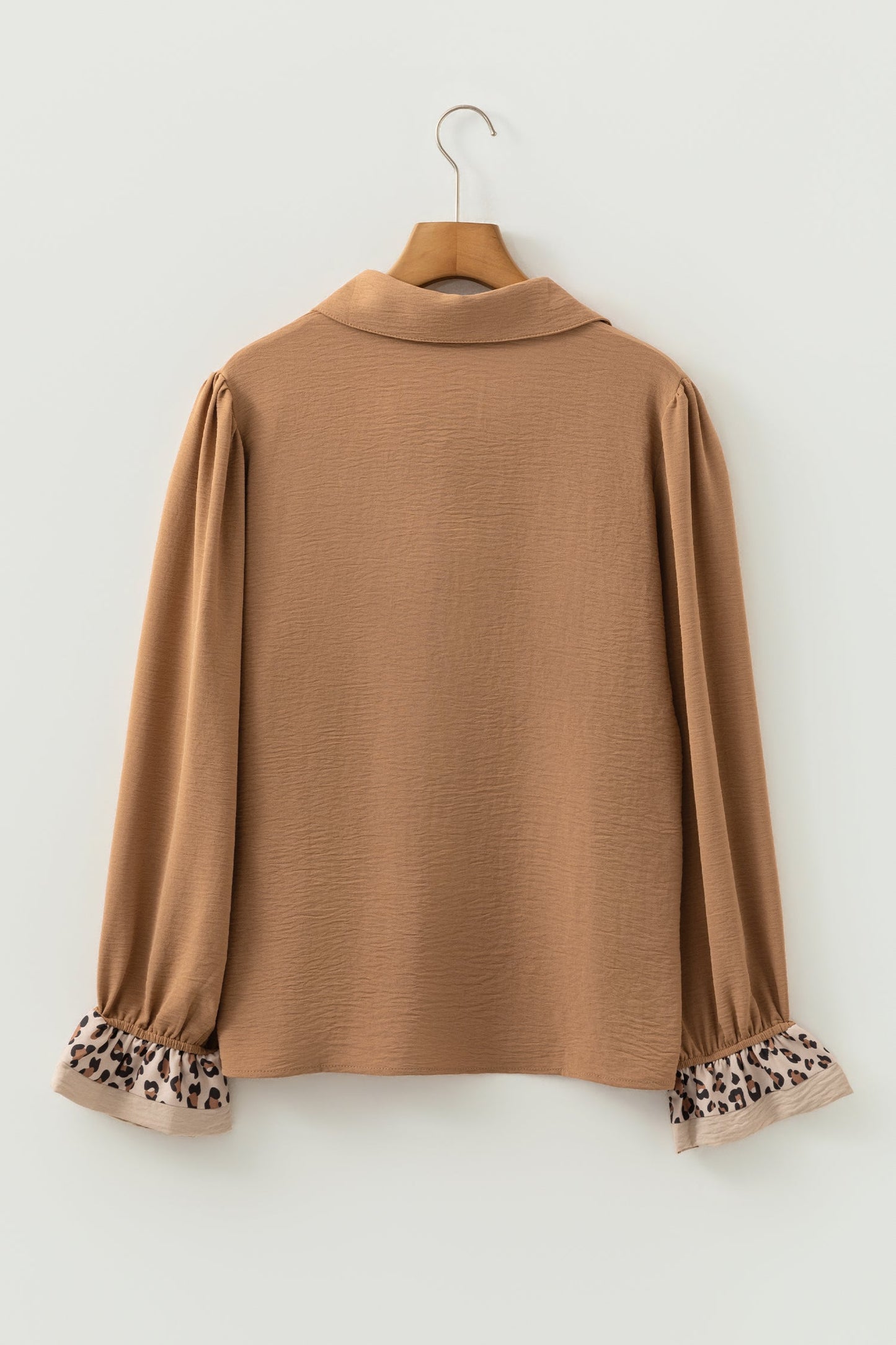 Black Contrast Leopard Print Patchwork Polo Collar Buttons Front Ruffled Long Sleeve Blouse