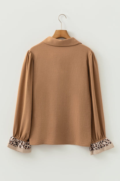 Black Contrast Leopard Print Patchwork Polo Collar Buttons Front Ruffled Long Sleeve Blouse