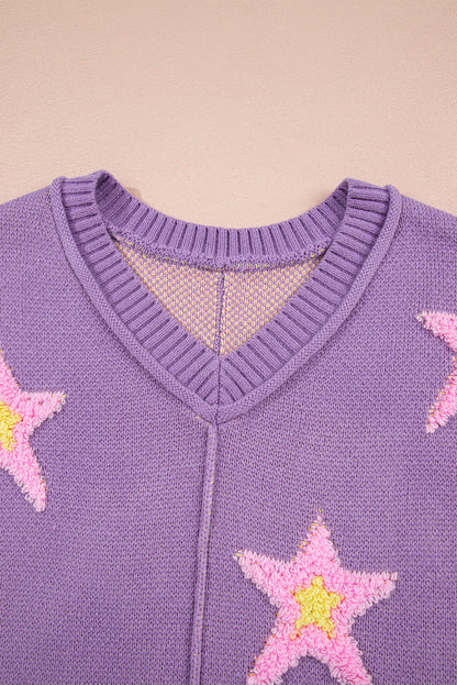 Star Textured V-Neck Drop Shoulder Oversized Sweater