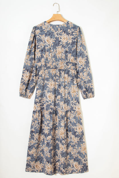 Floral Smocked High Waist Long Sleeve Dress