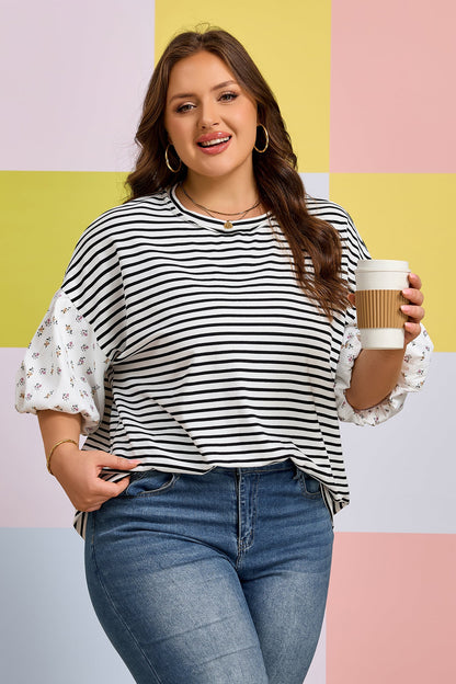 Plus Size Stripe Floral Patchwork Puff Sleeve Top