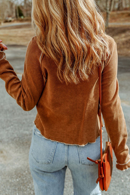 Solid Waffle Knit Round Neck Long Sleeve Top