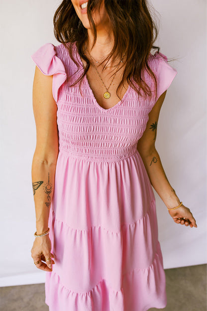 Smocked V-Neck Flutter Sleeve Tiered Midi Dress