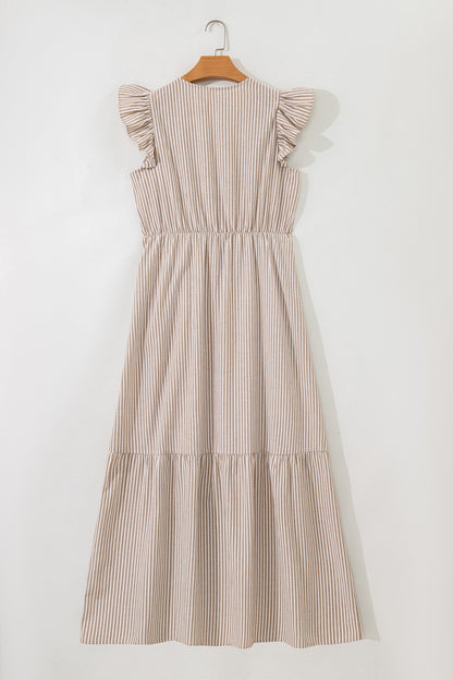 Stripe Flutter Sleeve Buttoned V-Neck Maxi Dress