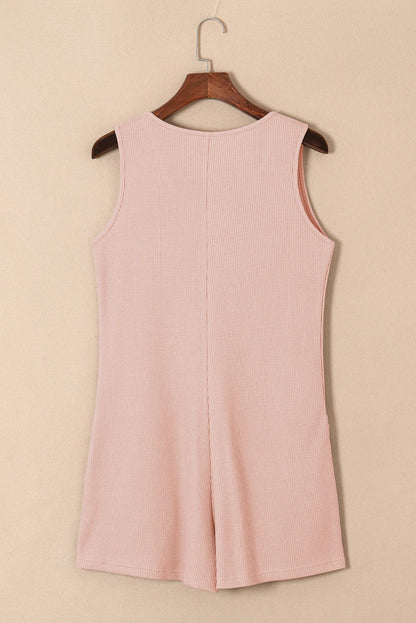 Solid Waffle Buttoned Scoop Neck Sleeveless Romper