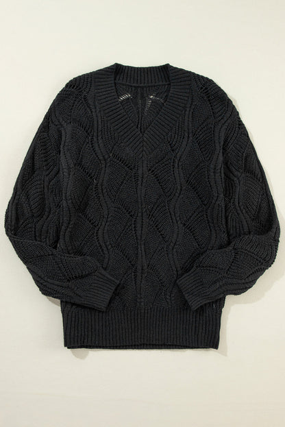 Hollow-Out Knit V-Neck Drop Shoulder Sweater