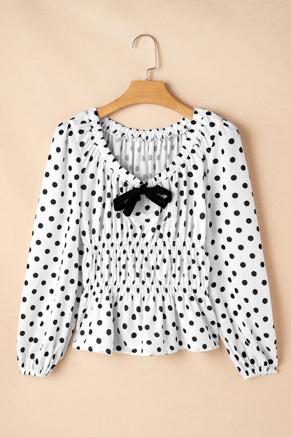 Polka Dot Bow Square Neck Puff Sleeve Top
