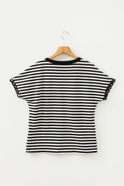 Stripe V-Neck Lace Trim Short Sleeve Tee