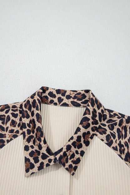 Leopard Patchwork Ribbed Button Down Shirt