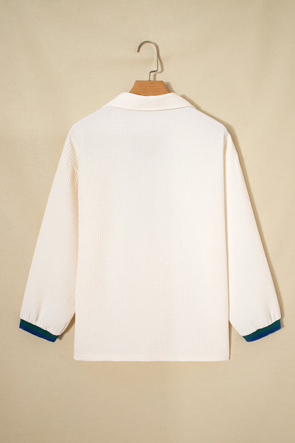 Stripe Contrast Waffle Knit Zip Up Polo Sweatshirt