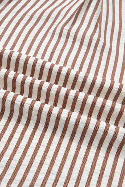Stripe Collared V-Neck Bubble Sleeve Blouse