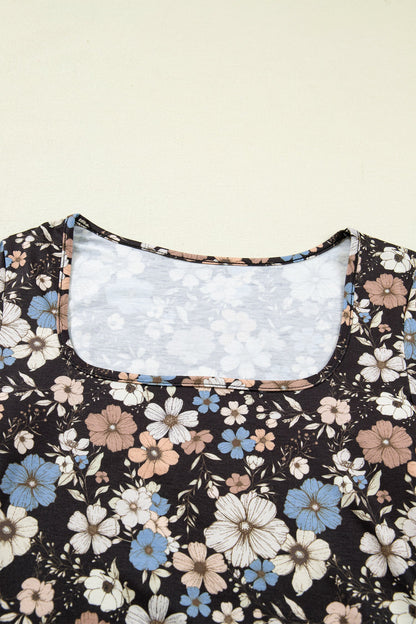Leopard & Floral Square Neck Long Sleeve T-Shirt