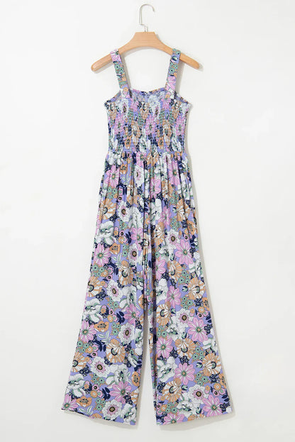 Floral Smocked High Waist Square Neck Jumpsuit