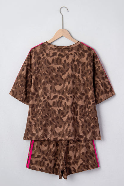 Leopard Contrast Stripe Tee & Shorts Set