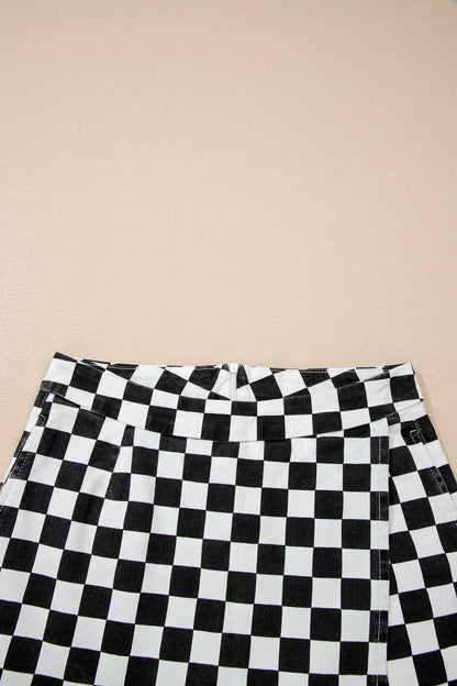 Checker Denim Pocketed Overlap Skort
