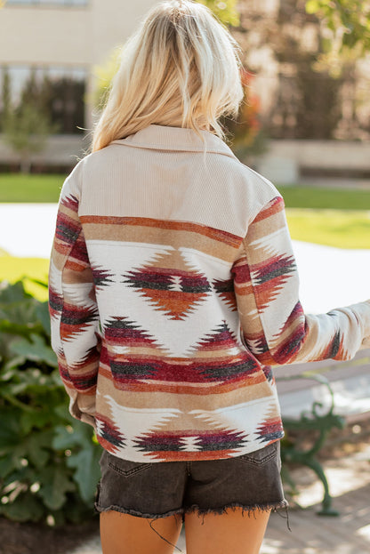 Western Aztec Corduroy Patchwork Pocketed Shacket
