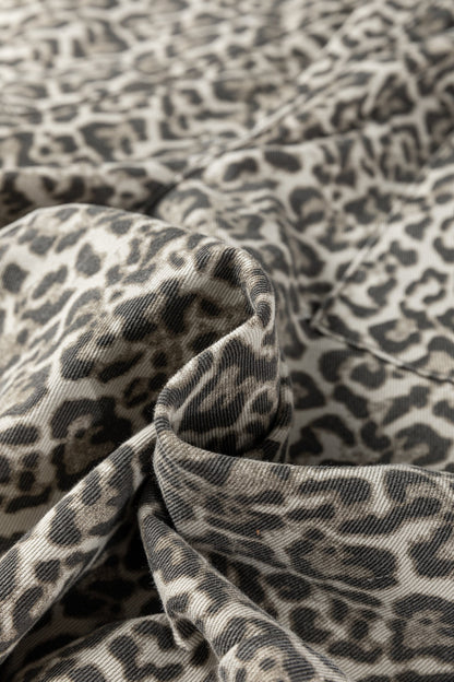 Leopard Denim Raw Hem Elastic Waist Loose Jeans