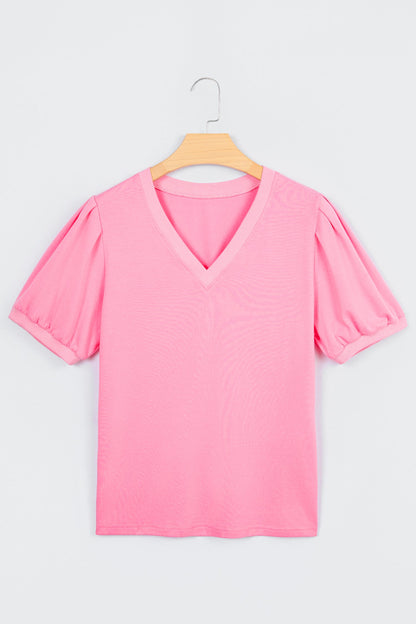Solid V-Neck Short Puff Sleeve Blouse