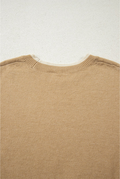 Leopard Bow Split Cuff Contrast Trim Sweater