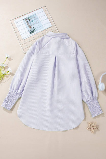 Stripe Shirred Cuff Button-Up Shirt