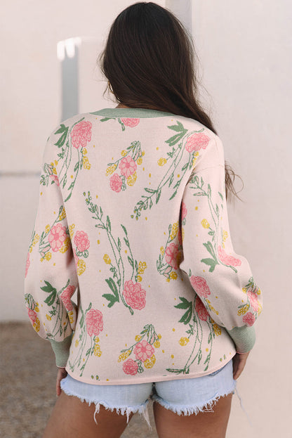 Floral Stripe Contrast V-Neck Sweater