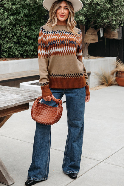 Western Aztec Geometric Colorblock Crewneck Sweater