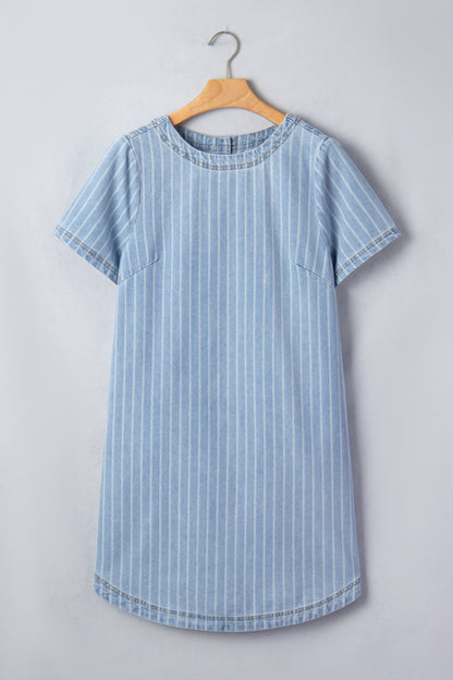 Stripe Denim Buttoned Back Mini T-Shirt Dress