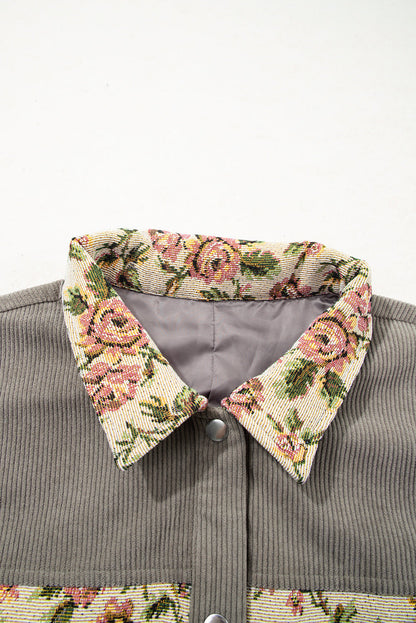 Plus Size Floral Patchwork Corduroy Pocketed Jacket
