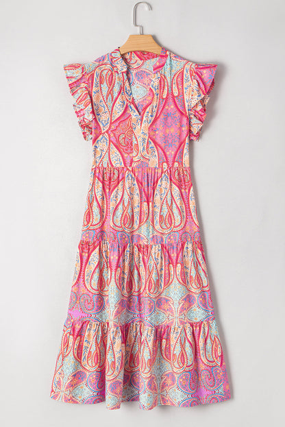 Tribal Paisley Ruffle Sleeve Notch Neck Midi Dress