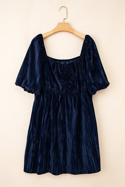 Plus Size Ruched Velvet Puff Sleeve Mini Dress