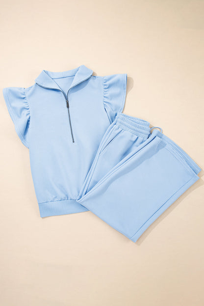 Textured Ruffle Half Zip Top and Pants Set