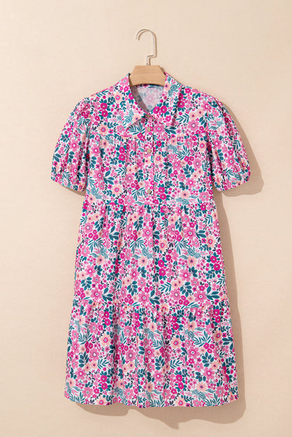 Floral Buttoned Collar Short Sleeve Mini Dress