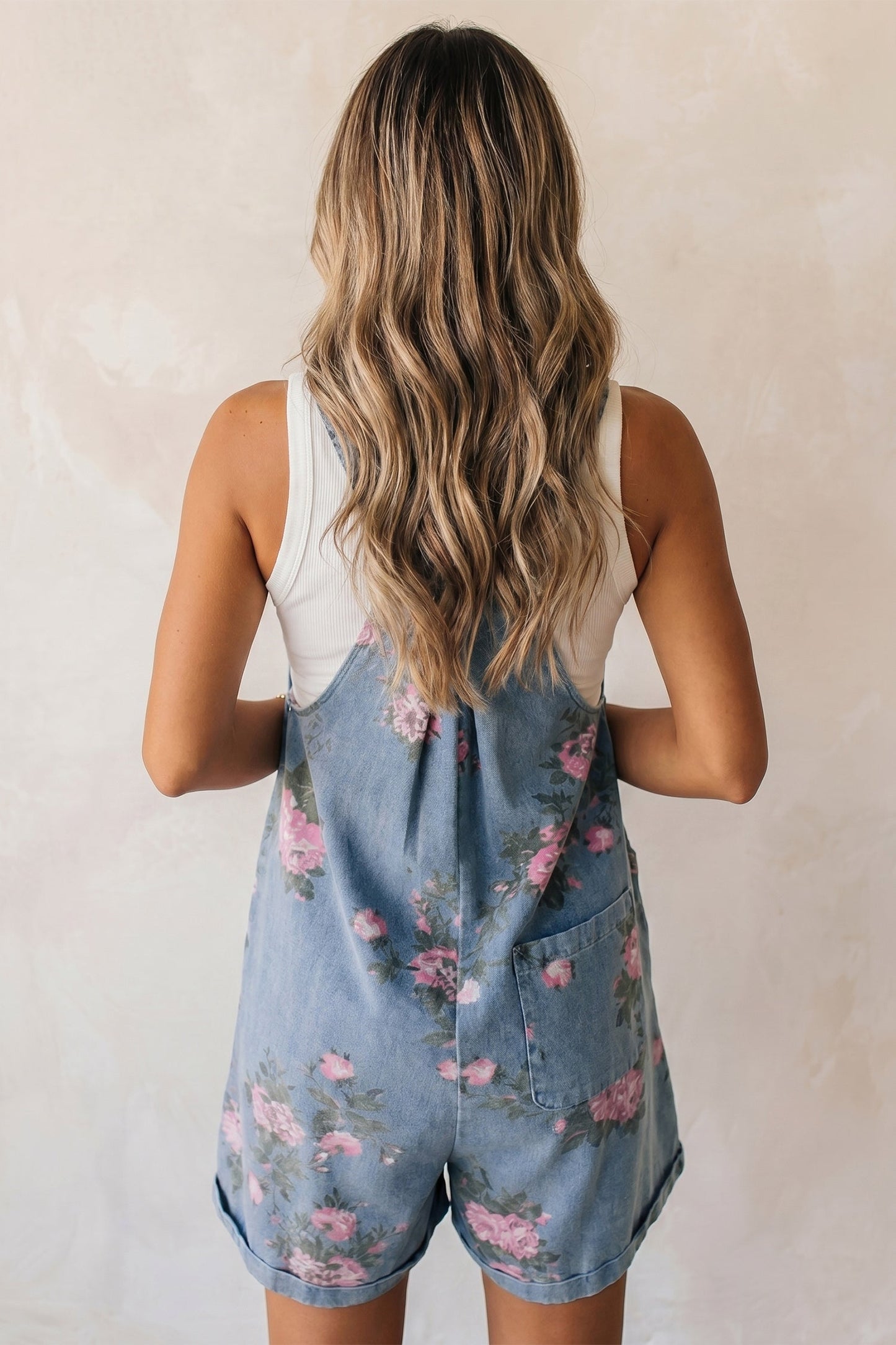Floral Denim Adjustable Strap Romper