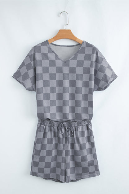 Checker V-Neck Tee & Drawstring Shorts Set
