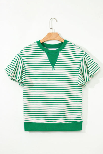 Stripe Contrast Detail Ruffle Short Sleeve Top