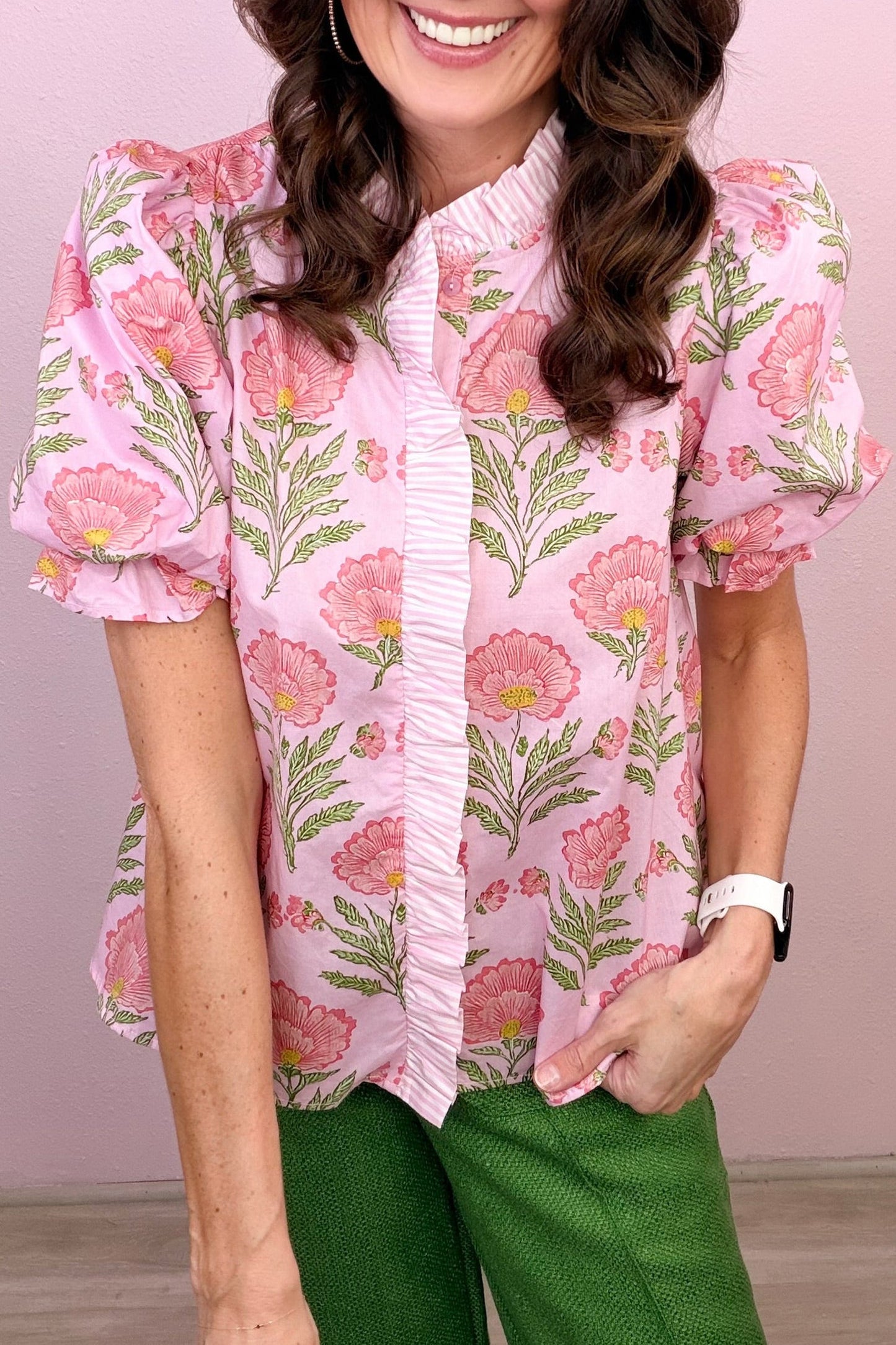 Floral Ruffle Stripe Trim Puff Sleeve Shirt
