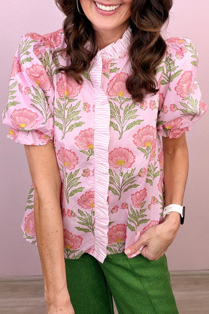 Floral Ruffle Stripe Trim Puff Sleeve Shirt