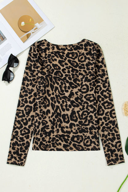 Leopard & Floral Square Neck Long Sleeve T-Shirt