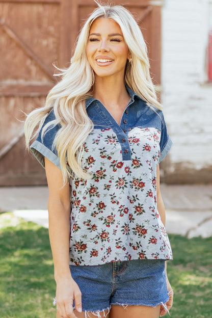 Floral Retro Denim Patchwork Buttoned Collar Top