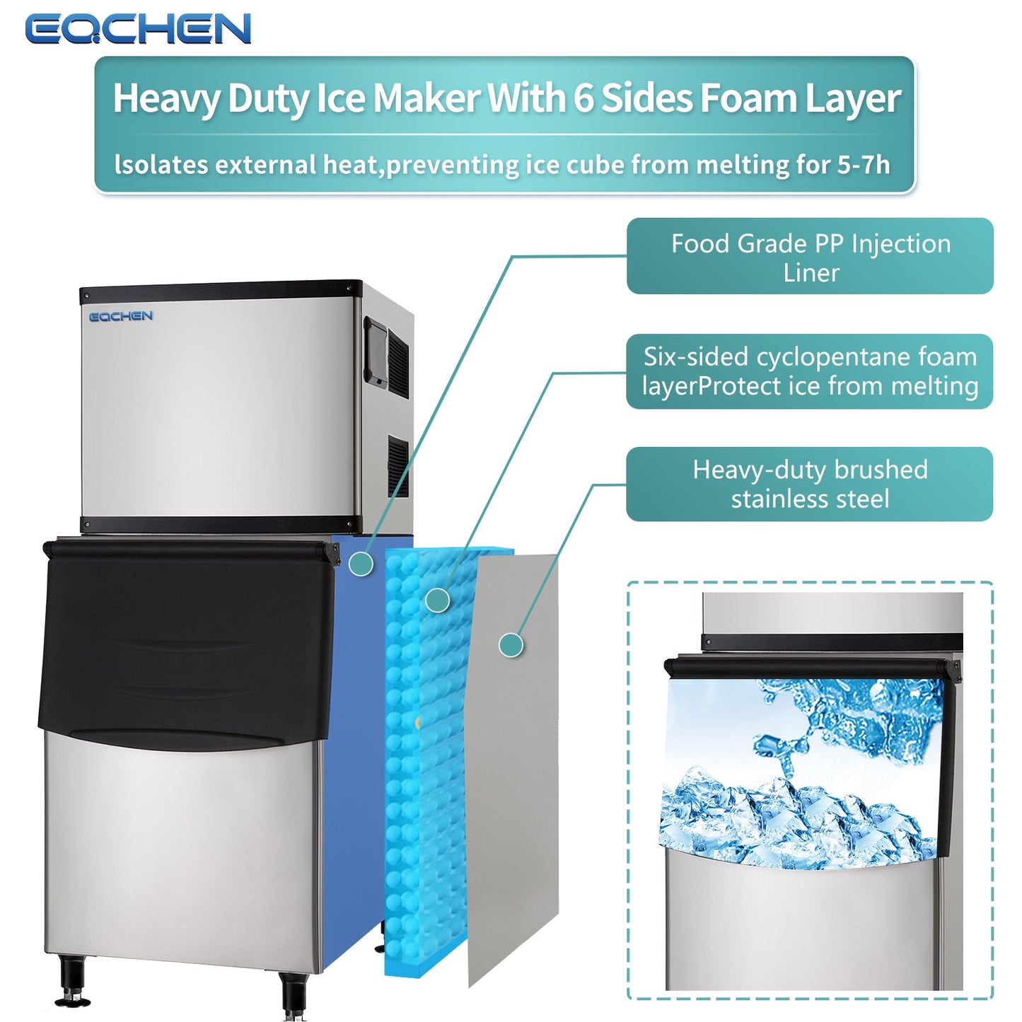 EQCHEN 350 lb Ice Maker Commercial Ice Machine with 230 lb Ice Bin
