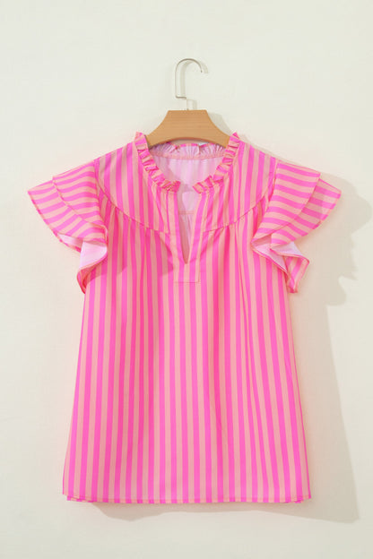 Stripe Split Neck Ruffle Sleeve Summer Blouse