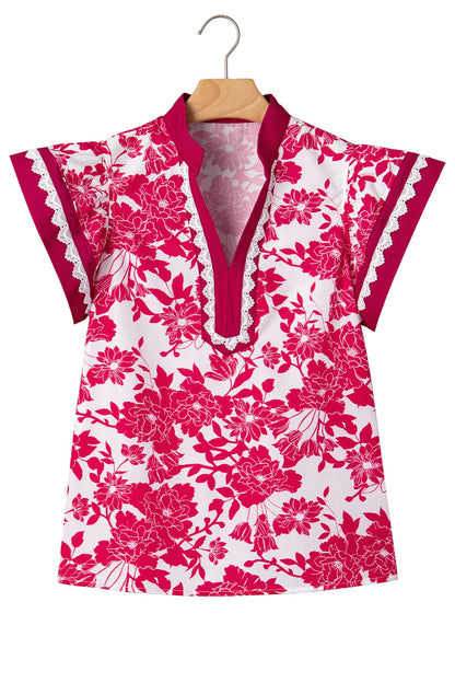 Floral Colorblock Lace V-Neck Flutter Sleeve Blouse