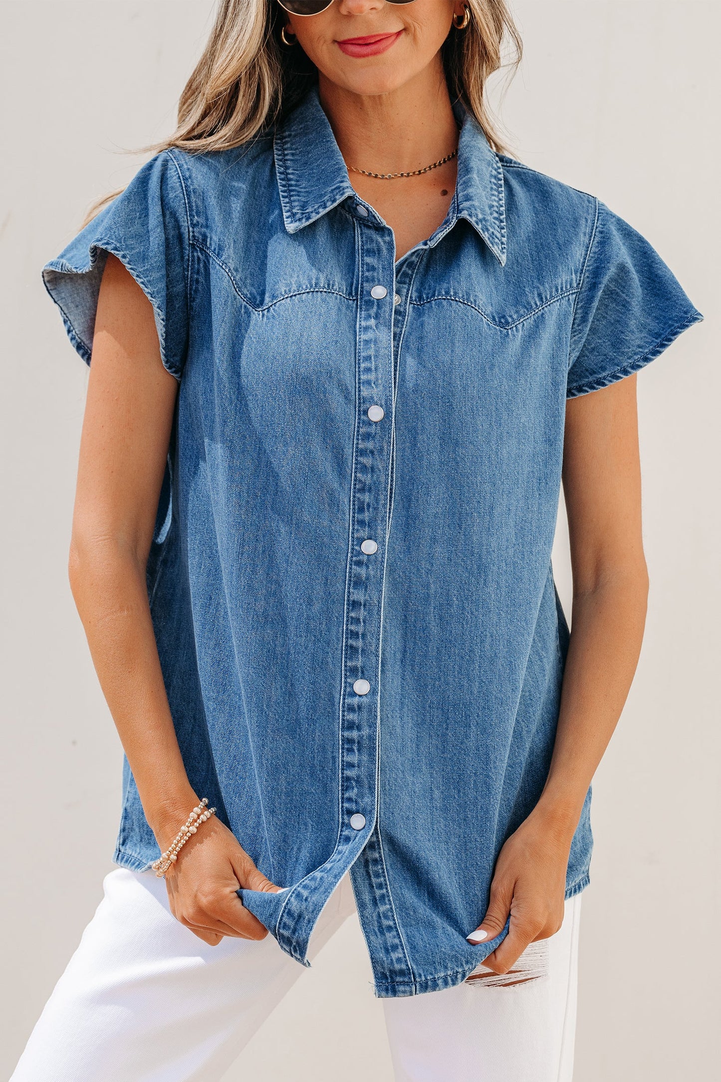 Solid Denim Ruffle Short Sleeve Buttoned Shirt