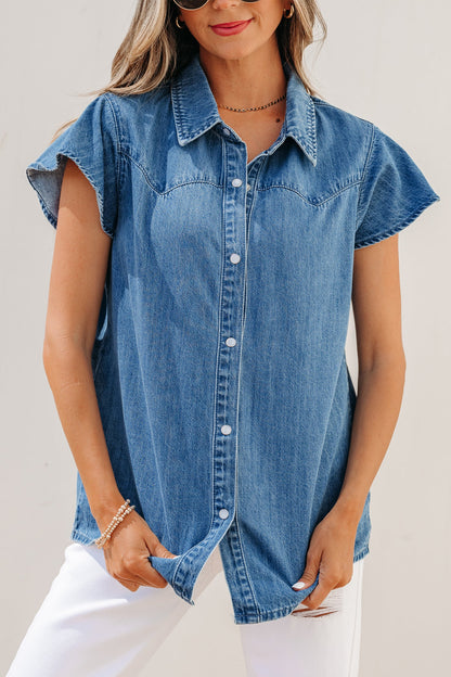 Solid Denim Ruffle Short Sleeve Buttoned Shirt