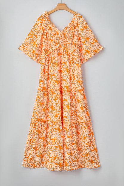 Floral Smocked V-Neck Wide Sleeve Maxi Dress